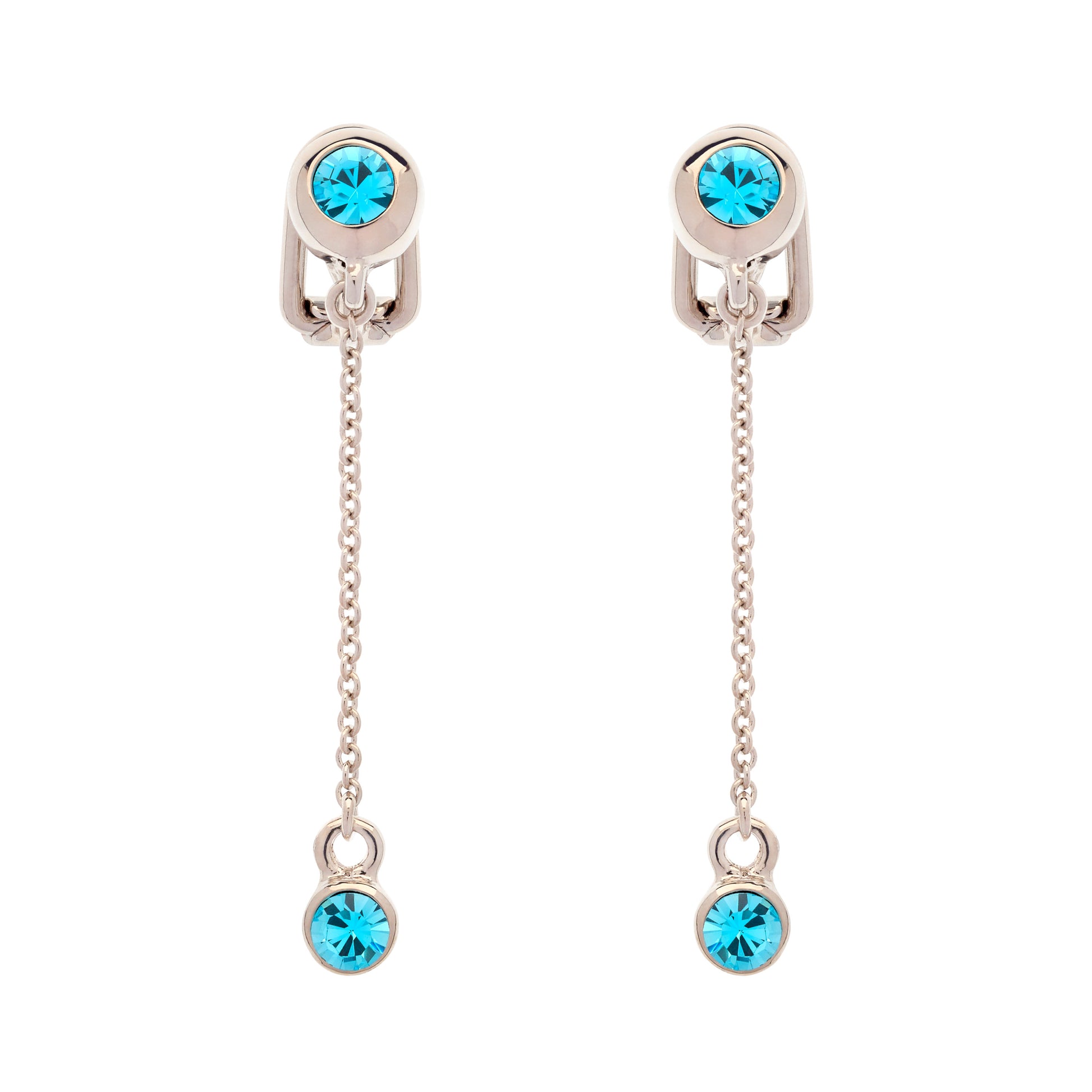 A pair of silver-toned drop earrings, each featuring a round light blue crystal at the top and a smaller matching light blue crystal dangling at the bottom, suspended by delicate chains.