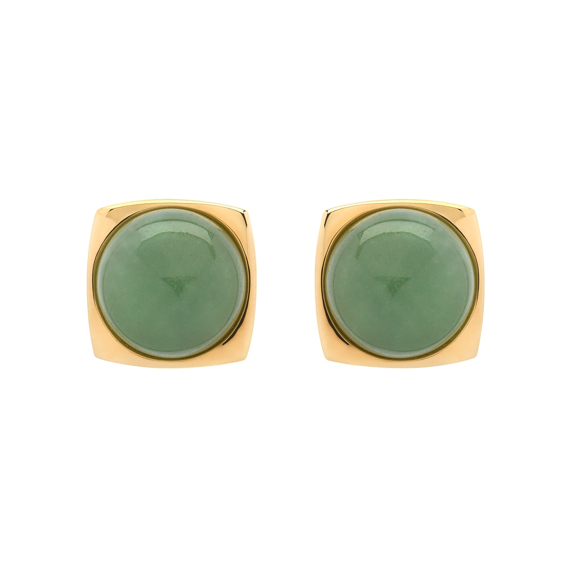 Pair of gold-framed green round earrings on a white background