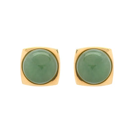 Pair of gold-framed green round earrings on a white background