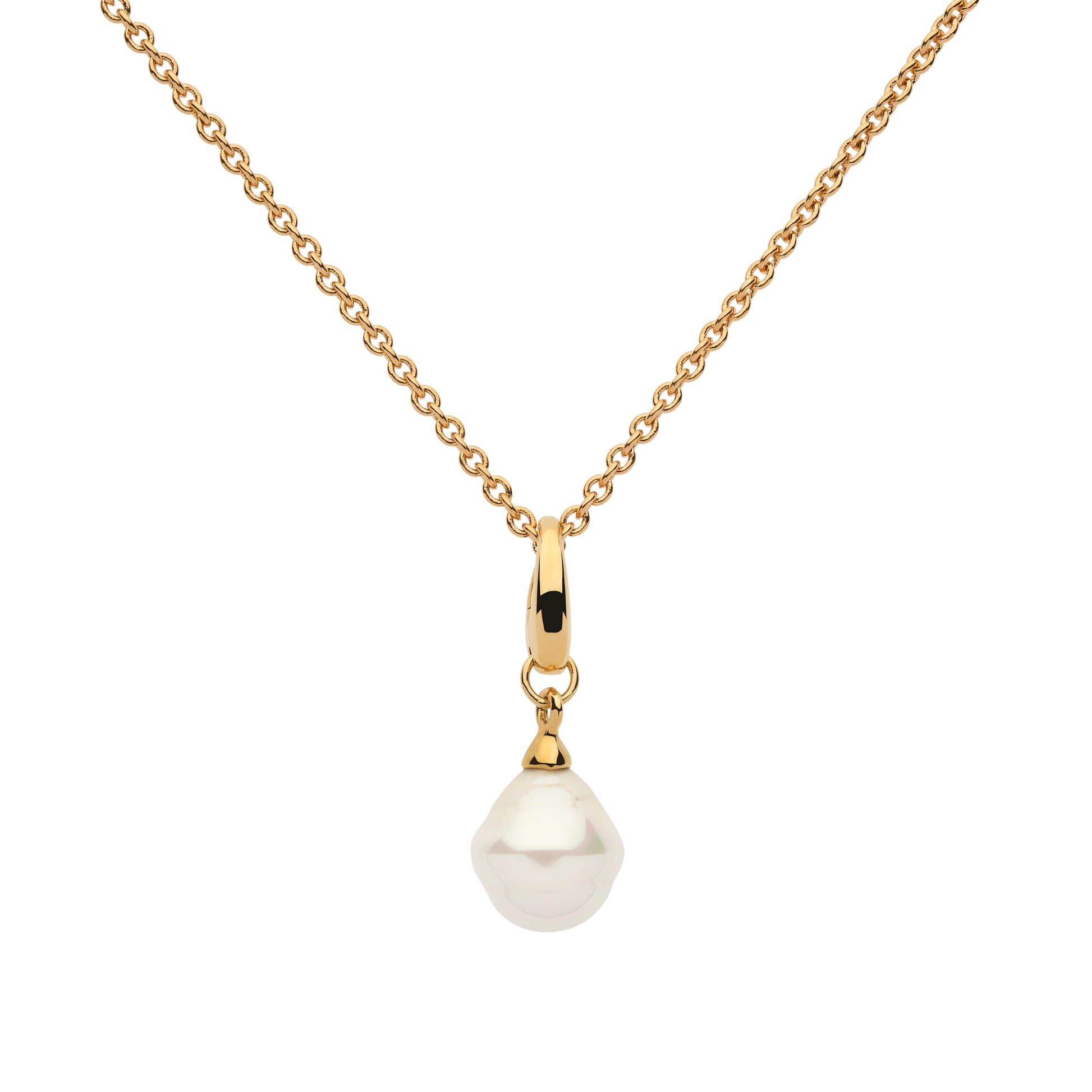 Gold necklace with a white pearl pendant on a white background