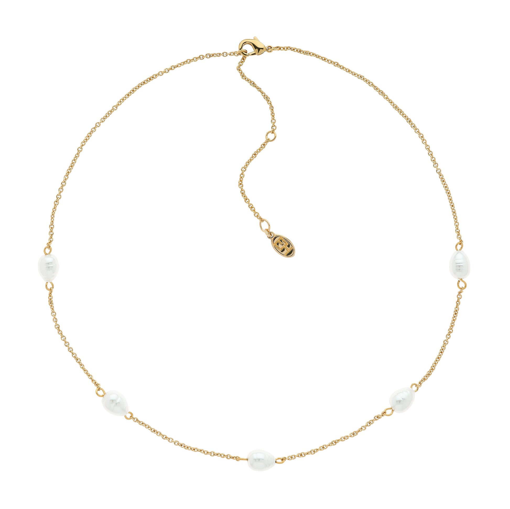 A gold-colored chain necklace with baroque pearl beads and a gold-tone clasp.