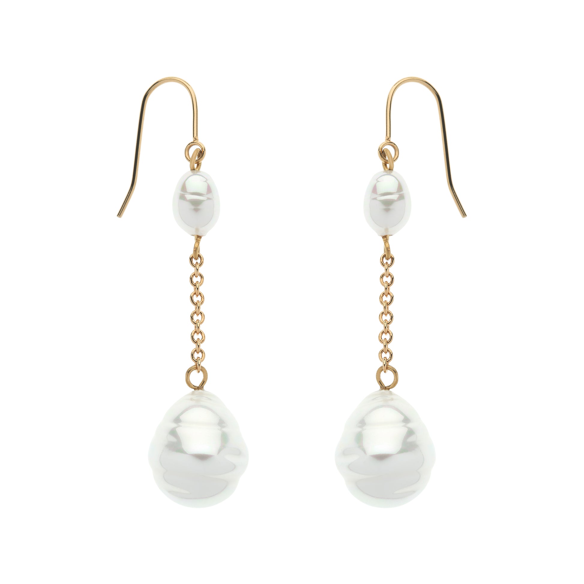 Pair of pearl earrings with gold hooks on a white background