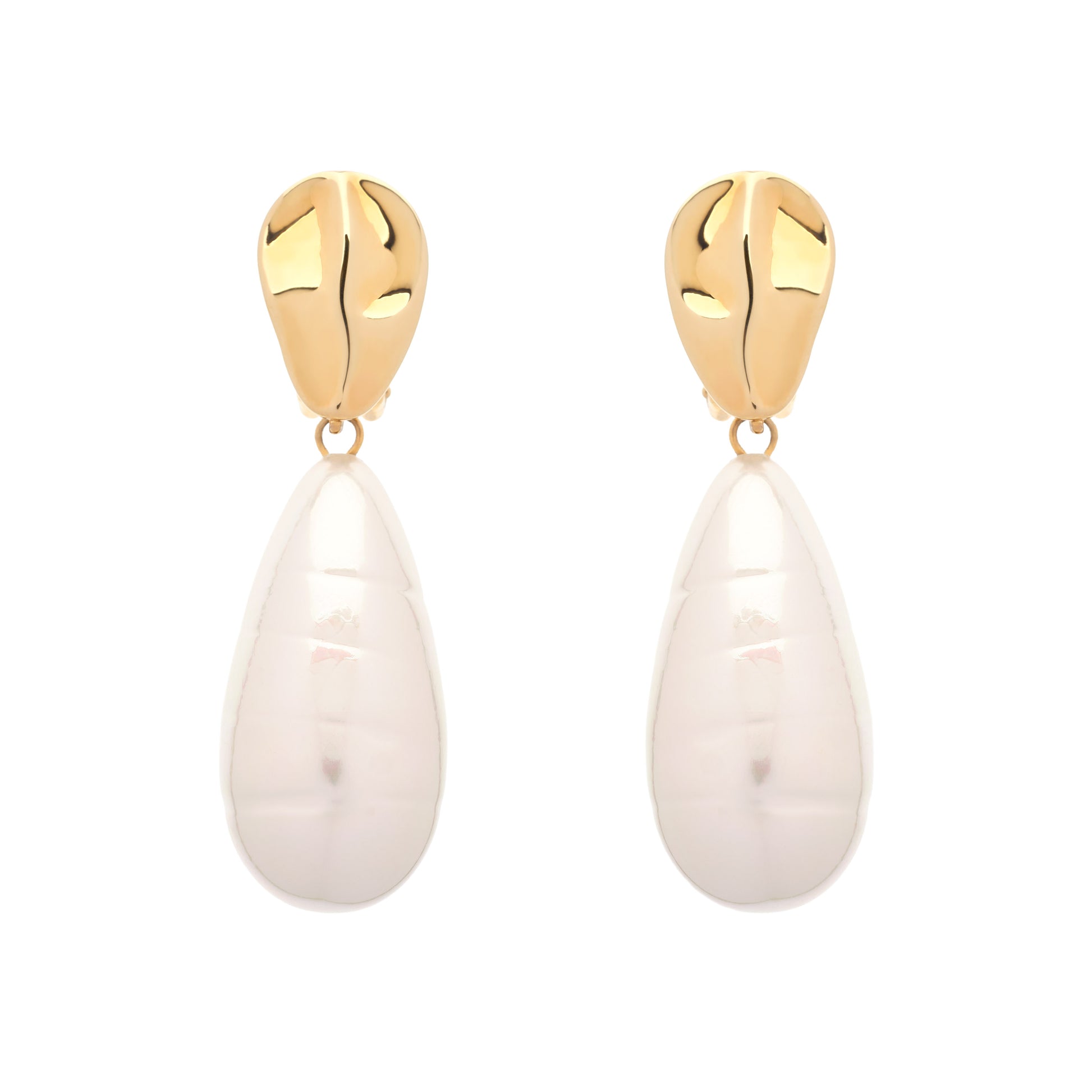 Gold plated clip on earrings with extra large statement baroque pearls.
