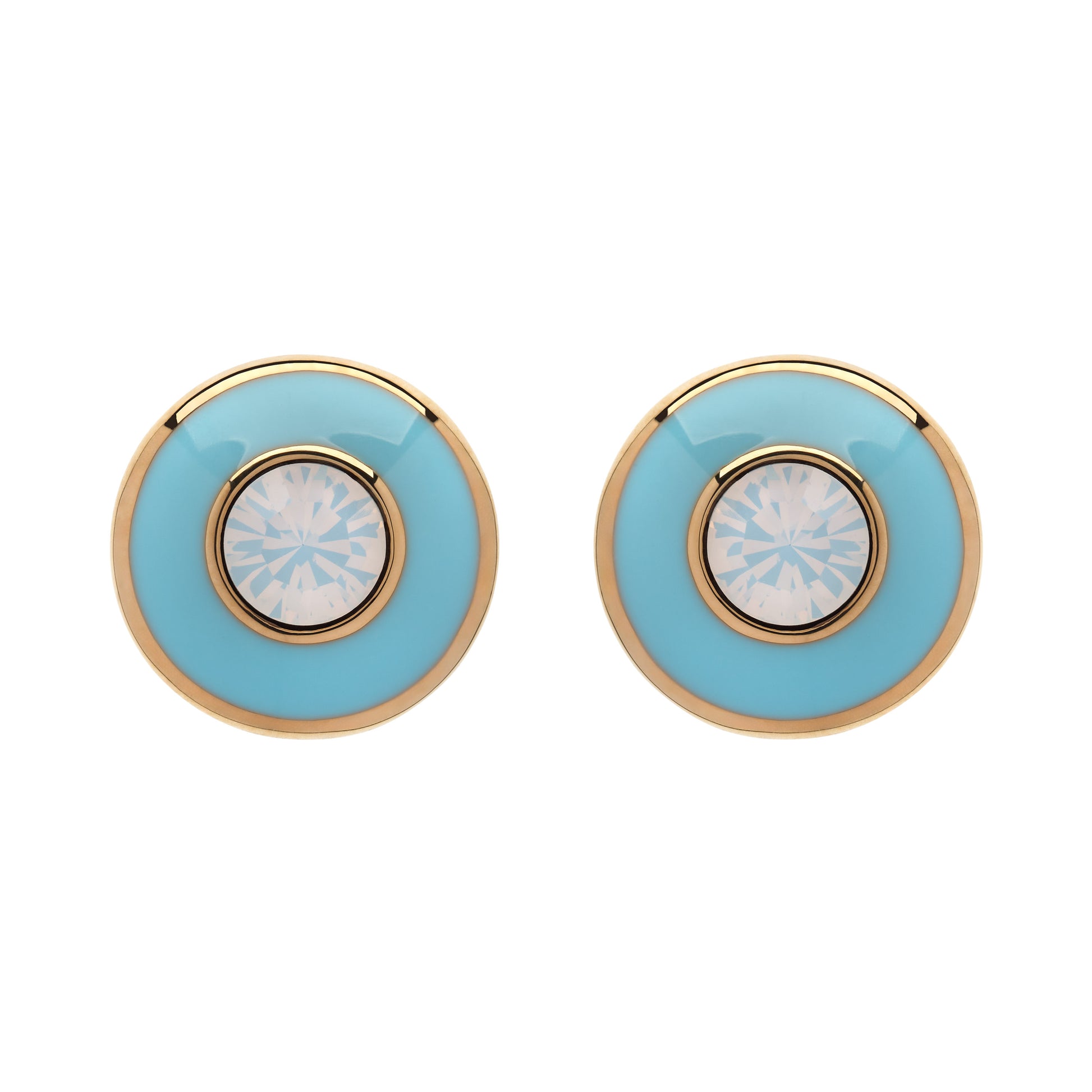 Pair of earrings with gold and blue circular design on a white background