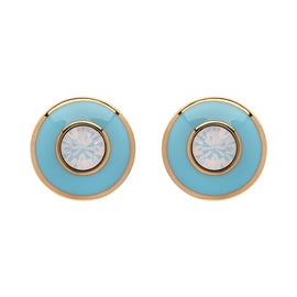 Pair of earrings with gold and blue circular design on a white background