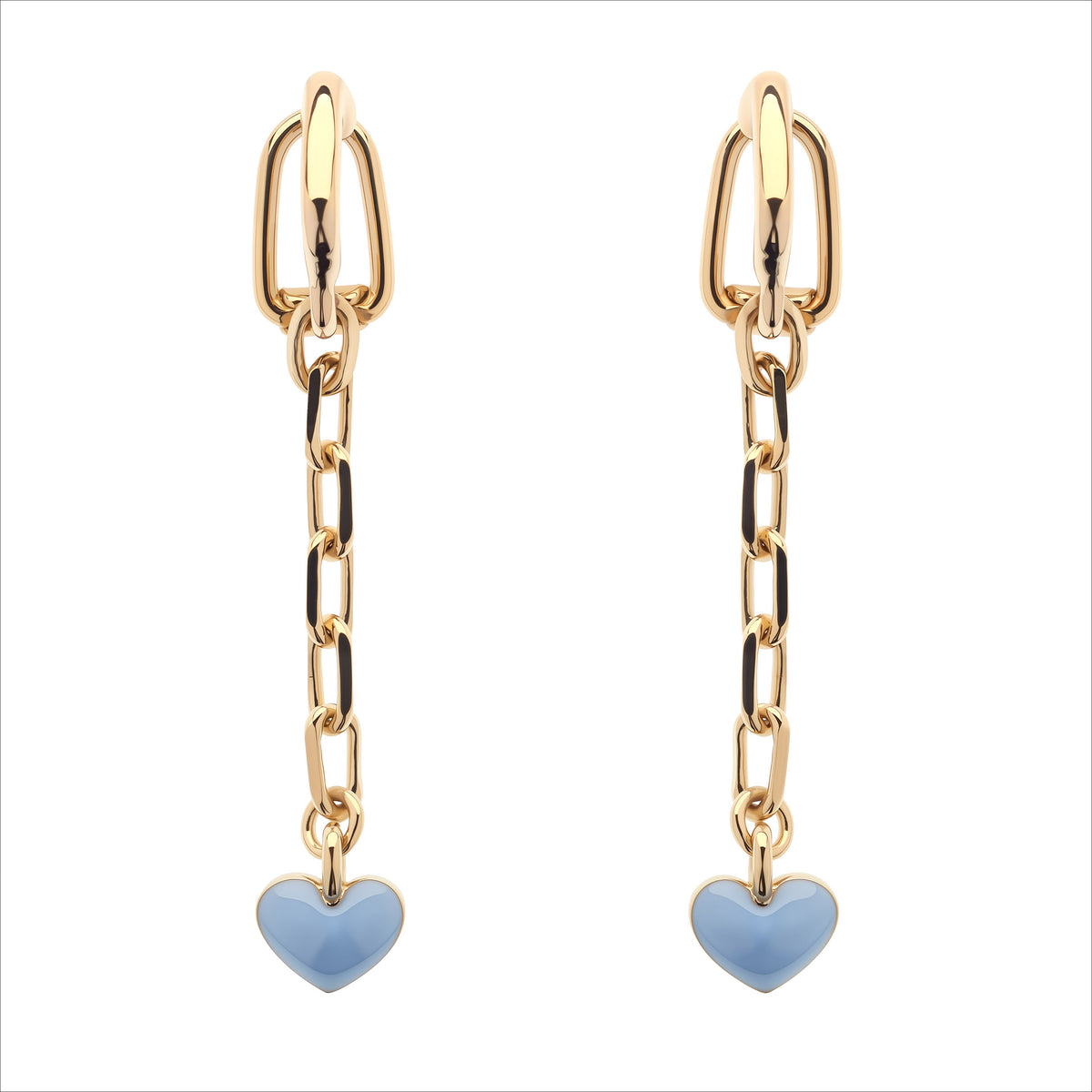 A pair of gold drop earrings with a paperclip-shaped top, a dangling chain, and a small light blue heart charm at the bottom, shown on a plain white background.