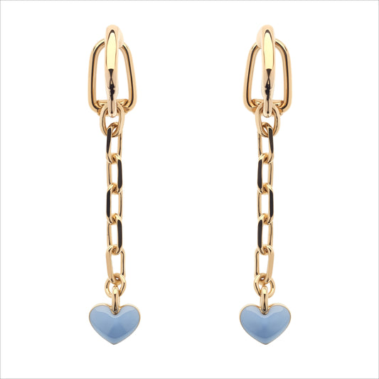 A pair of gold drop earrings with a paperclip-shaped top, a dangling chain, and a small light blue heart charm at the bottom, shown on a plain white background.