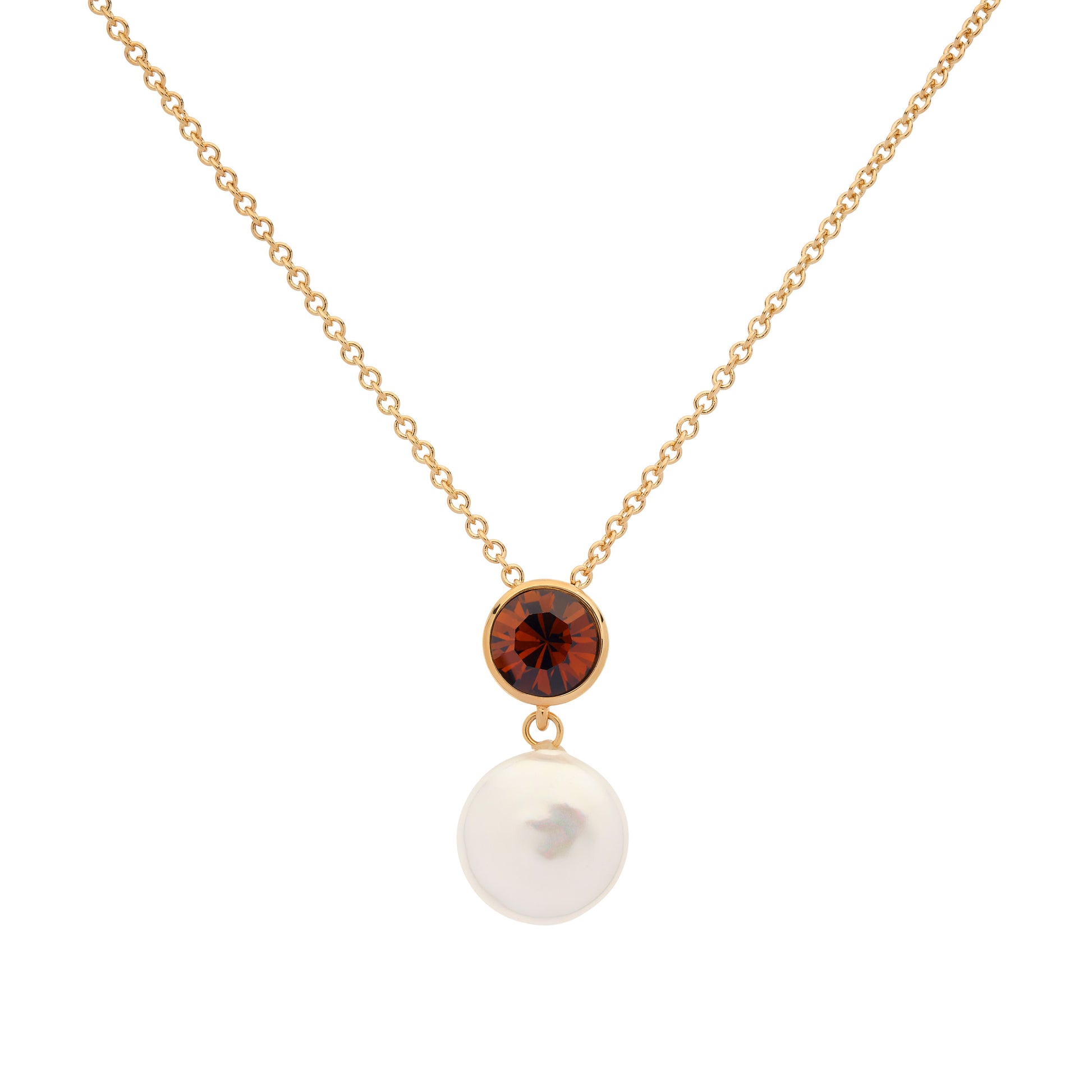 Gold necklace with a brown gemstone and pearl on a white background
