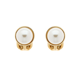 Pair of gold earrings with white pearls on a white background