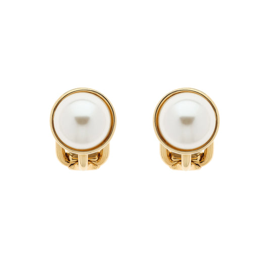 Pair of gold earrings with white pearls on a white background