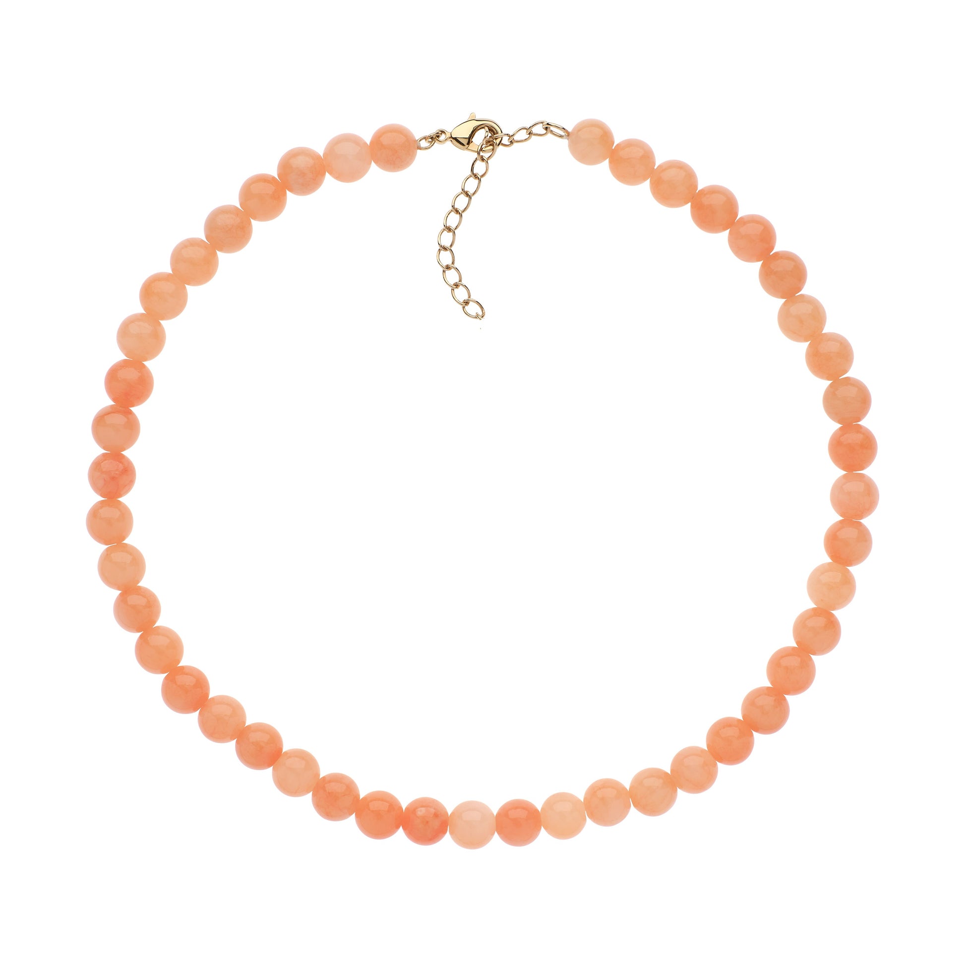 Peach-colored beaded necklace on a white background