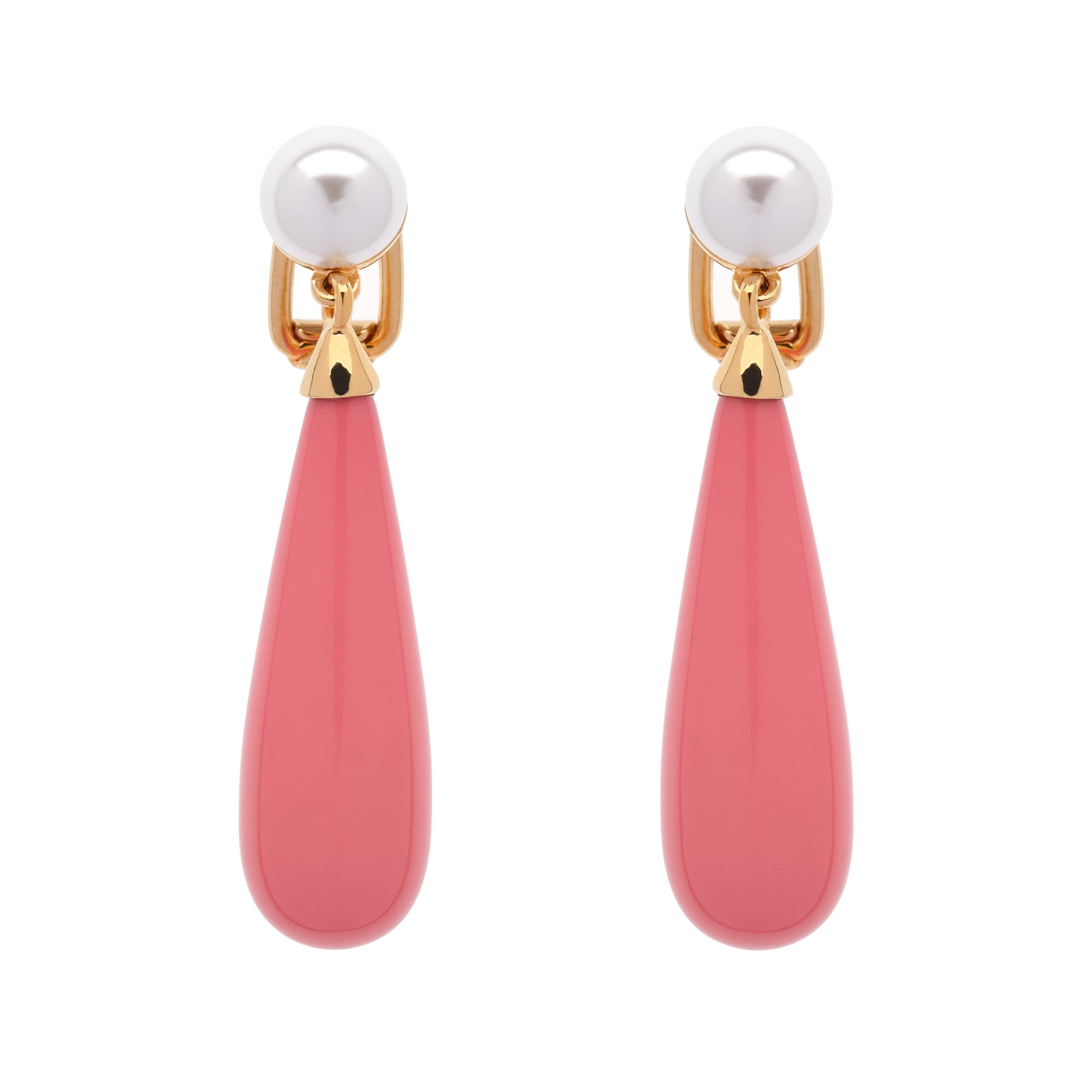 Pair of earrings with pink teardrop-shaped drops and gold accents on a white background