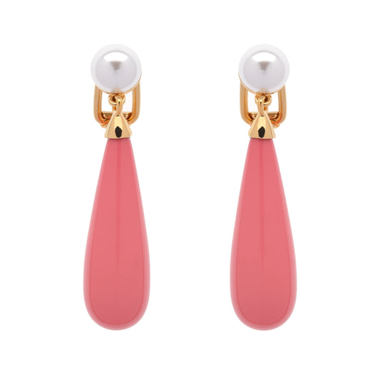 Pair of earrings with pink teardrop-shaped drops and gold accents on a white background