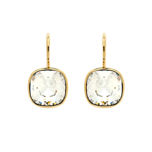 Gold earrings with clear gemstones on a white background