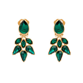 Gold earrings with green gemstones on a white background