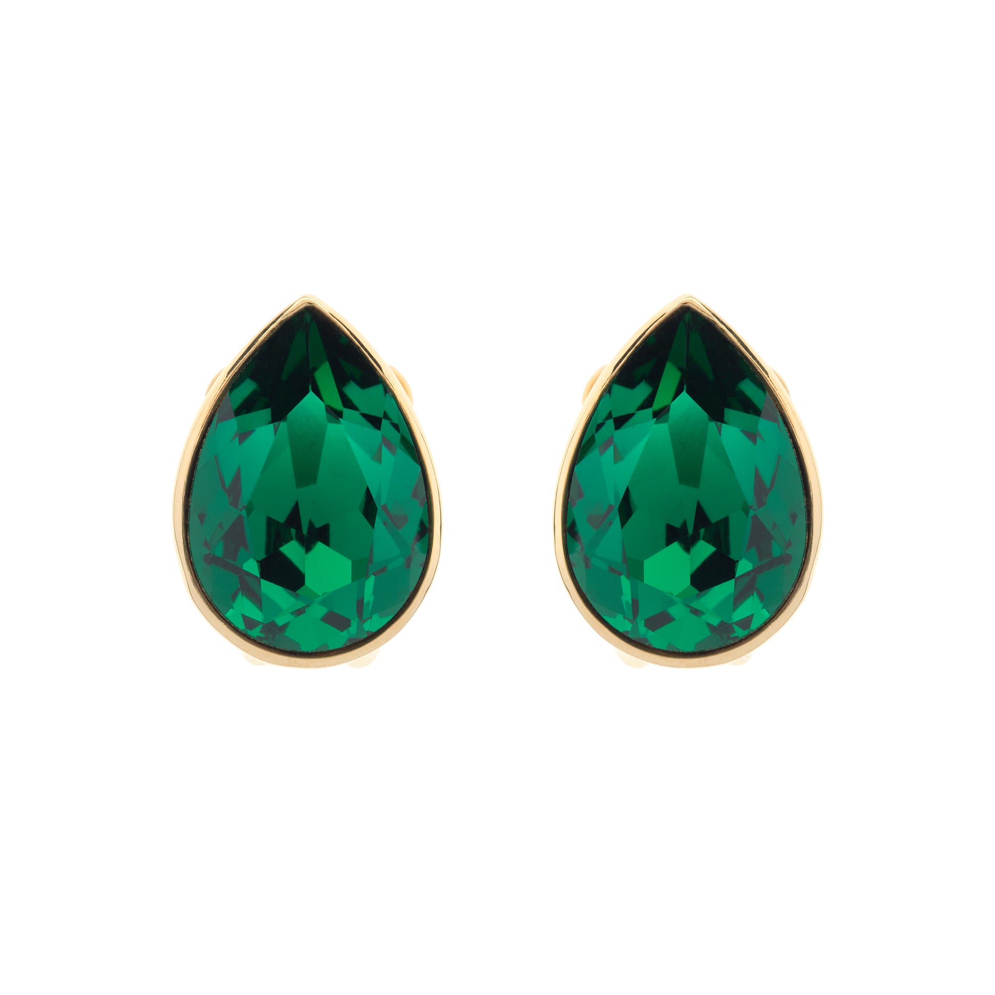 Teardrop-shaped green gemstone earrings with gold settings on a white background