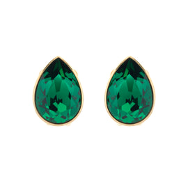 Teardrop-shaped green gemstone earrings with gold settings on a white background
