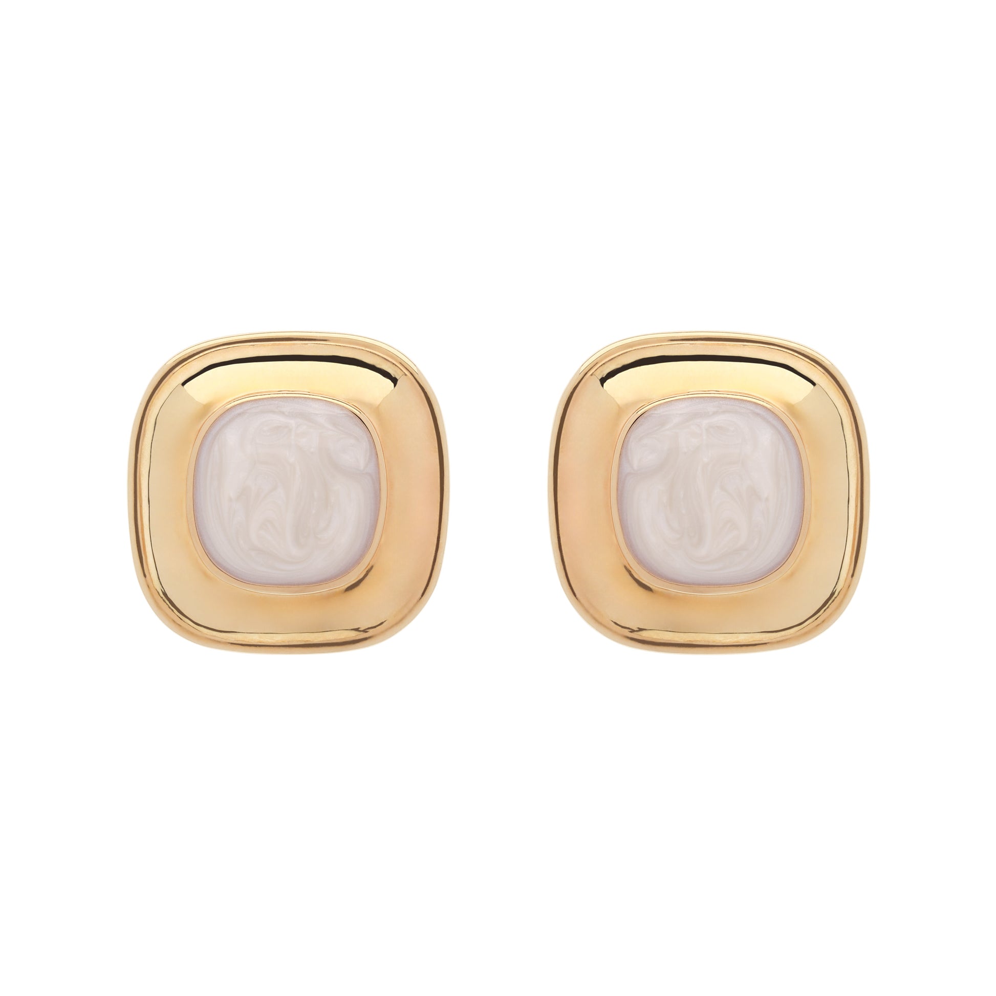 Pair of gold earrings with a central stone on a white background