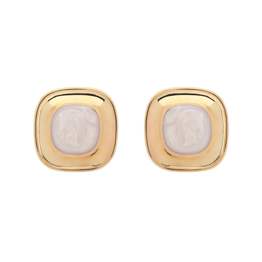Pair of gold earrings with a central stone on a white background