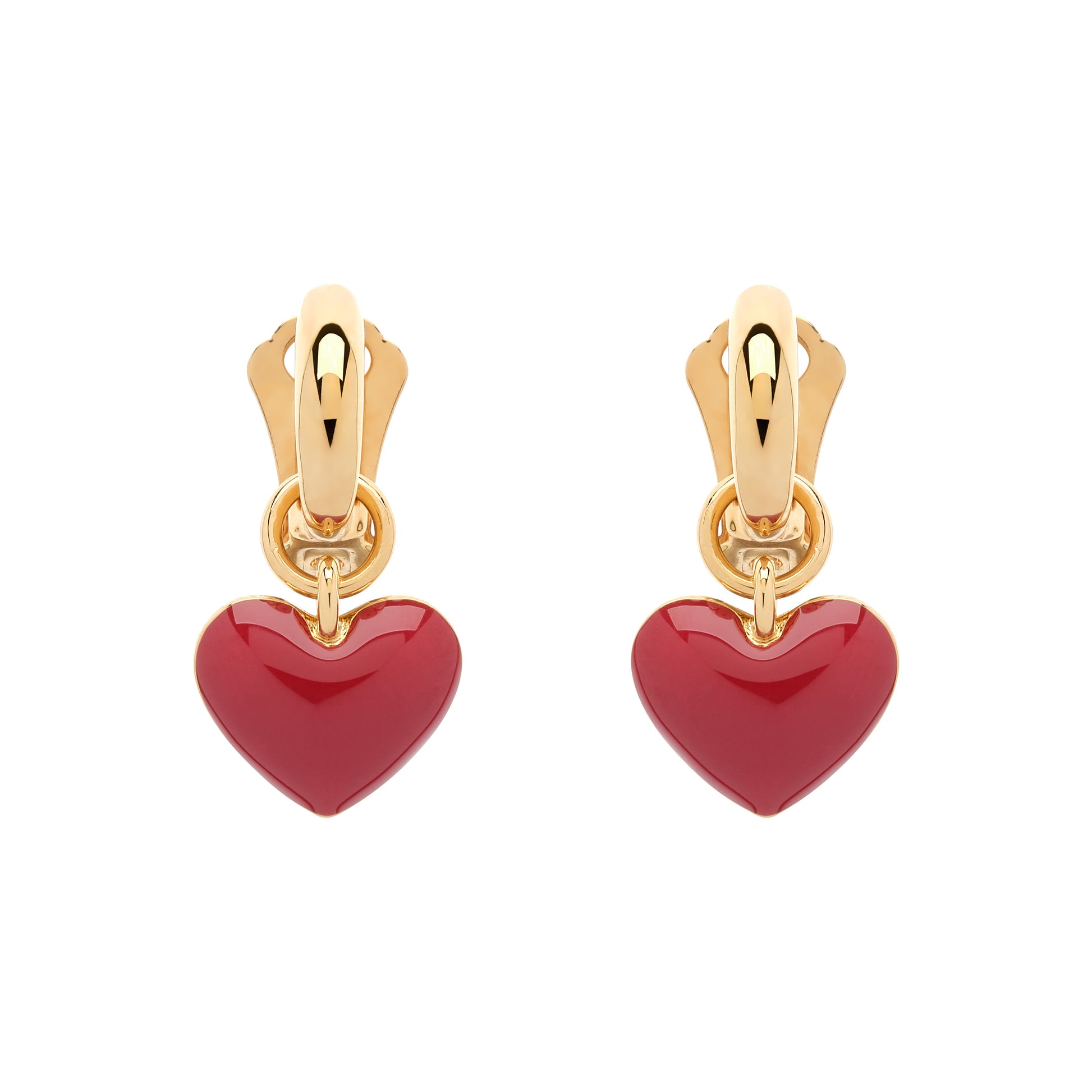 Gold hoop earrings with red enamel heart