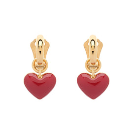 Gold hoop earrings with red enamel heart
