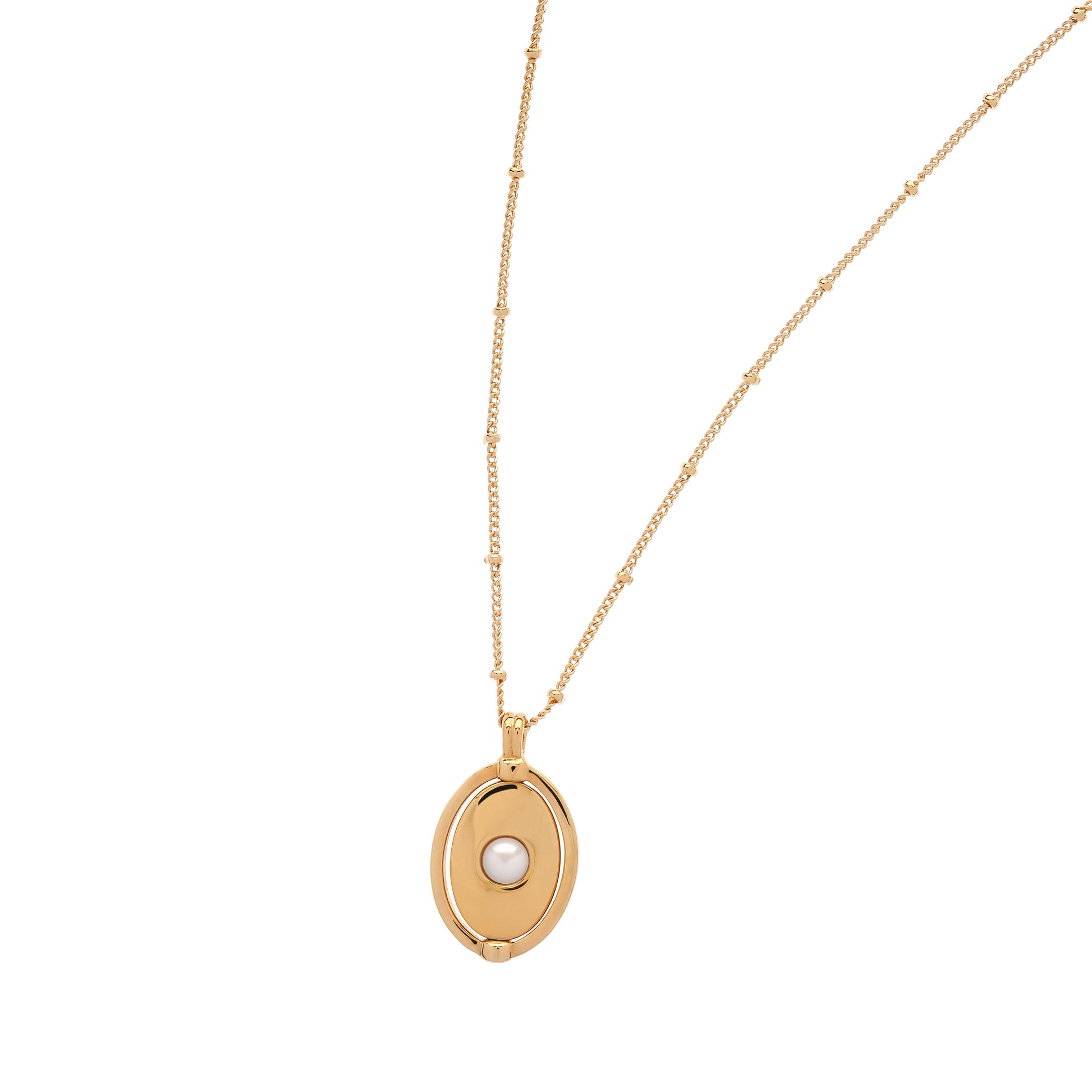 Gold necklace with a pendant featuring a pearl on a white background