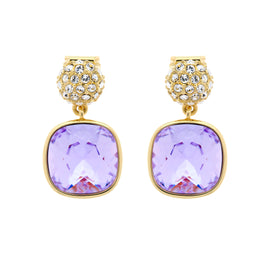 A pair of clip earrings featuring a cushion-shaped amethyst crystal set in a gold-tone mounting with a smaller pave crystal stud on top.