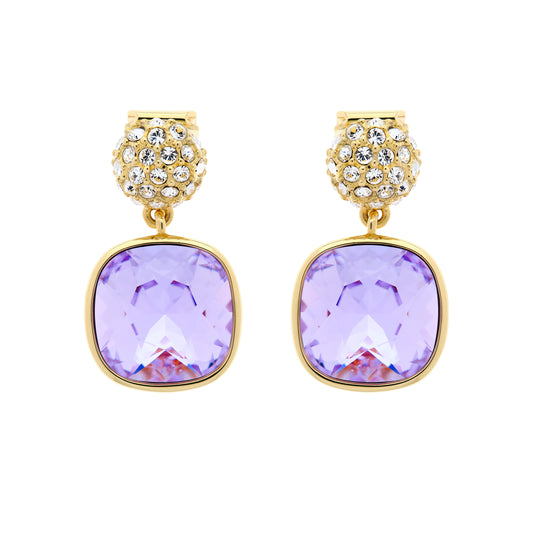 A pair of clip earrings featuring a cushion-shaped amethyst crystal set in a gold-tone mounting with a smaller pave crystal stud on top.