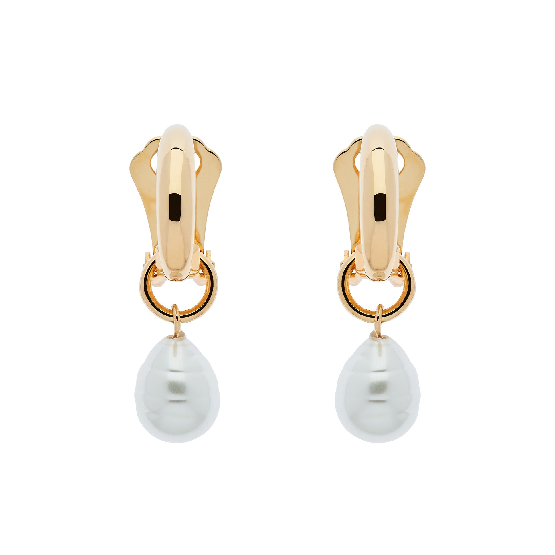 A pair of gold clip-on hoop earrings with baroque pearl charms dangling from them.