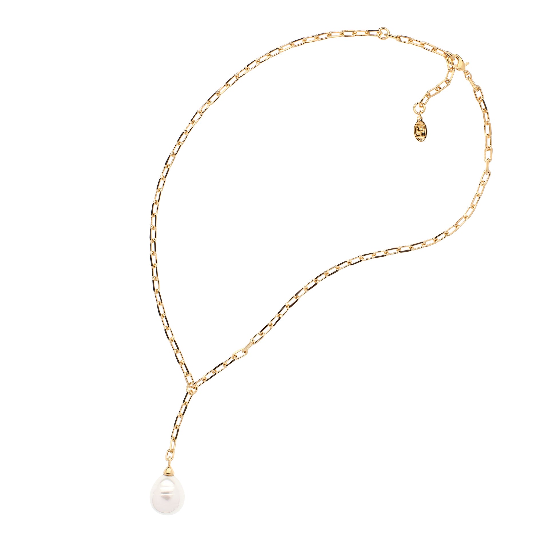 Gold chain necklace with a single pearl on a white background