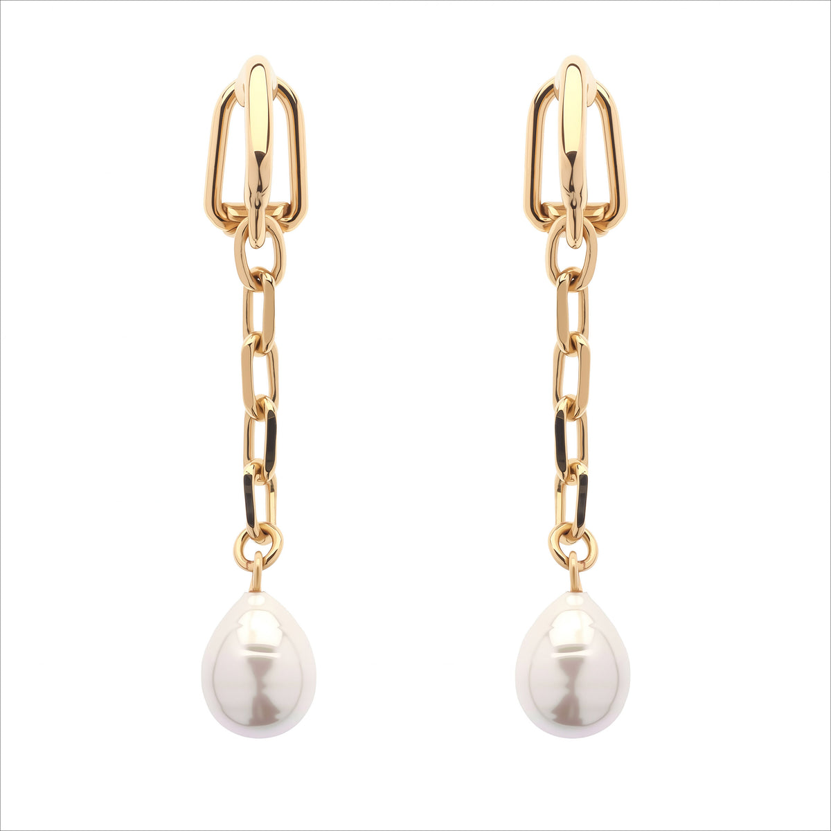 A pair of gold drop earrings with a chain-link design and a teardrop-shaped white pearl hanging from each earring, shown against a plain white background.