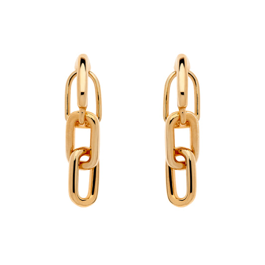 A pair of gold-plated clip-on earrings featuring a drop chain design.