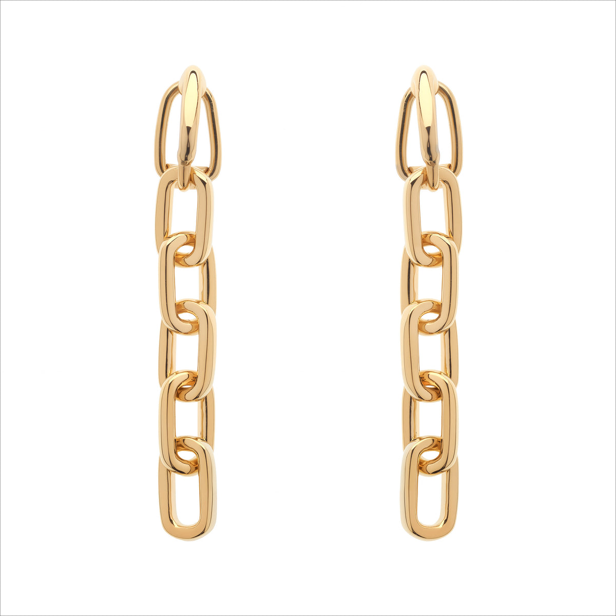 A pair of gold chain-link drop earrings with elongated oval links, shown on a plain white background.