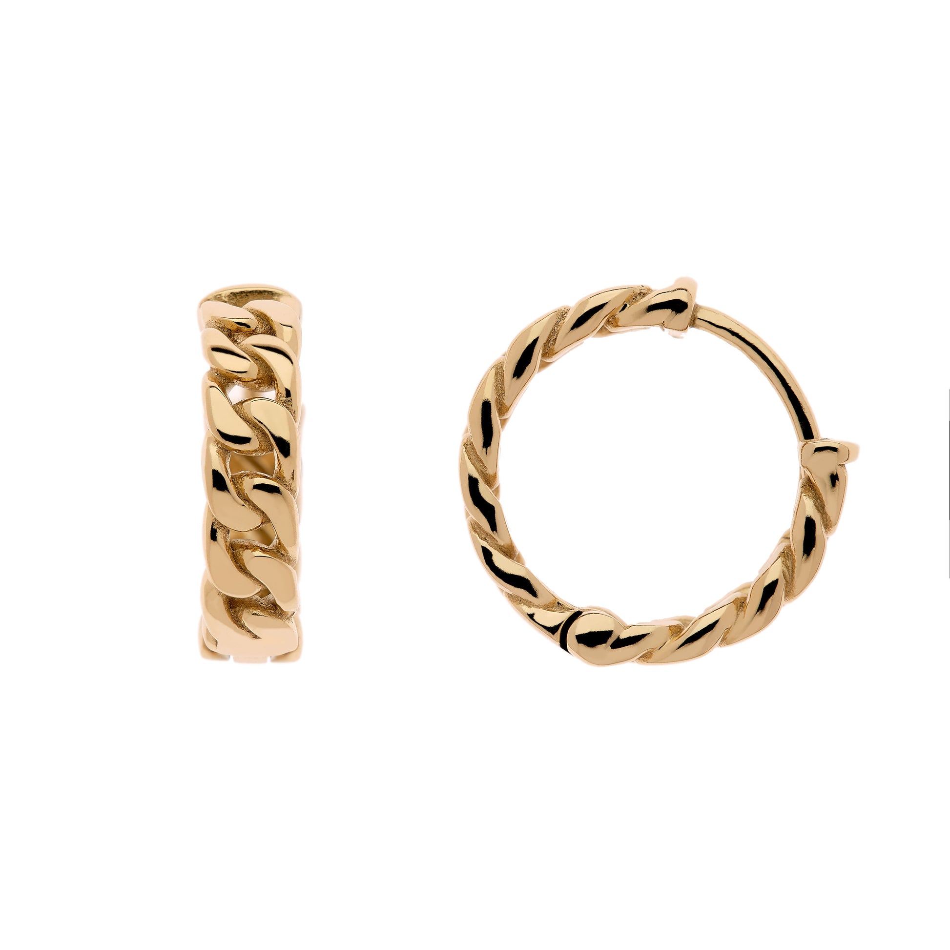 A pair of gold hoop earrings with a chain design.