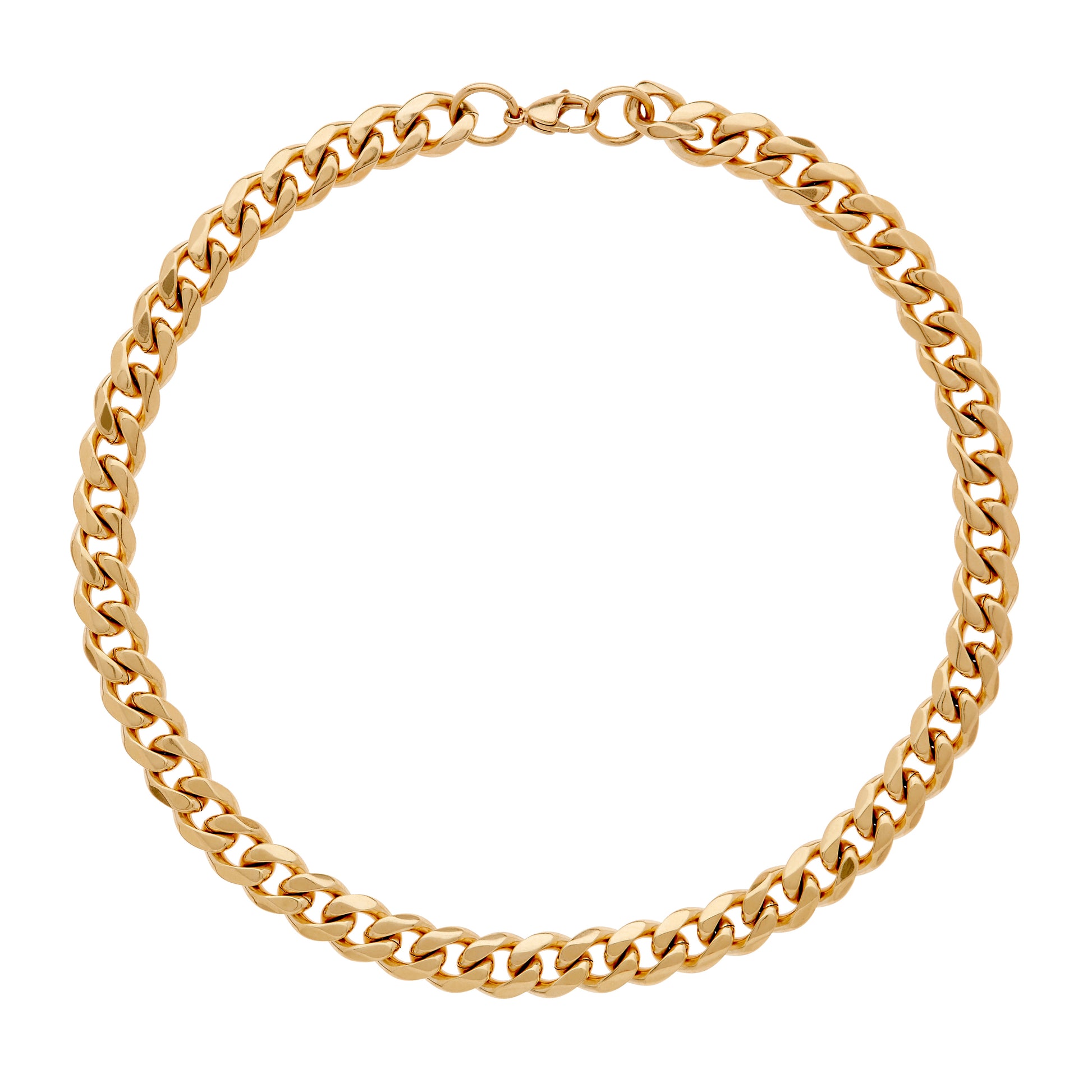 A chunky gold chain link necklace laid out on a plain background.
