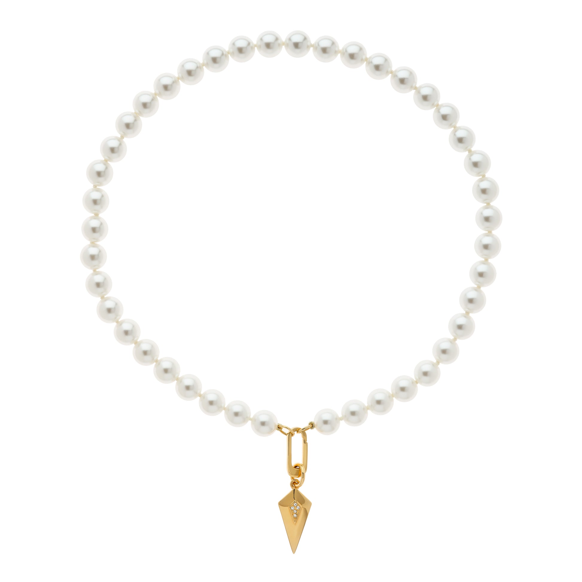 A white faux pearl necklace with a gold Art Deco inspired crystal charm pendant.