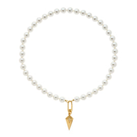 A white faux pearl necklace with a gold Art Deco inspired crystal charm pendant.