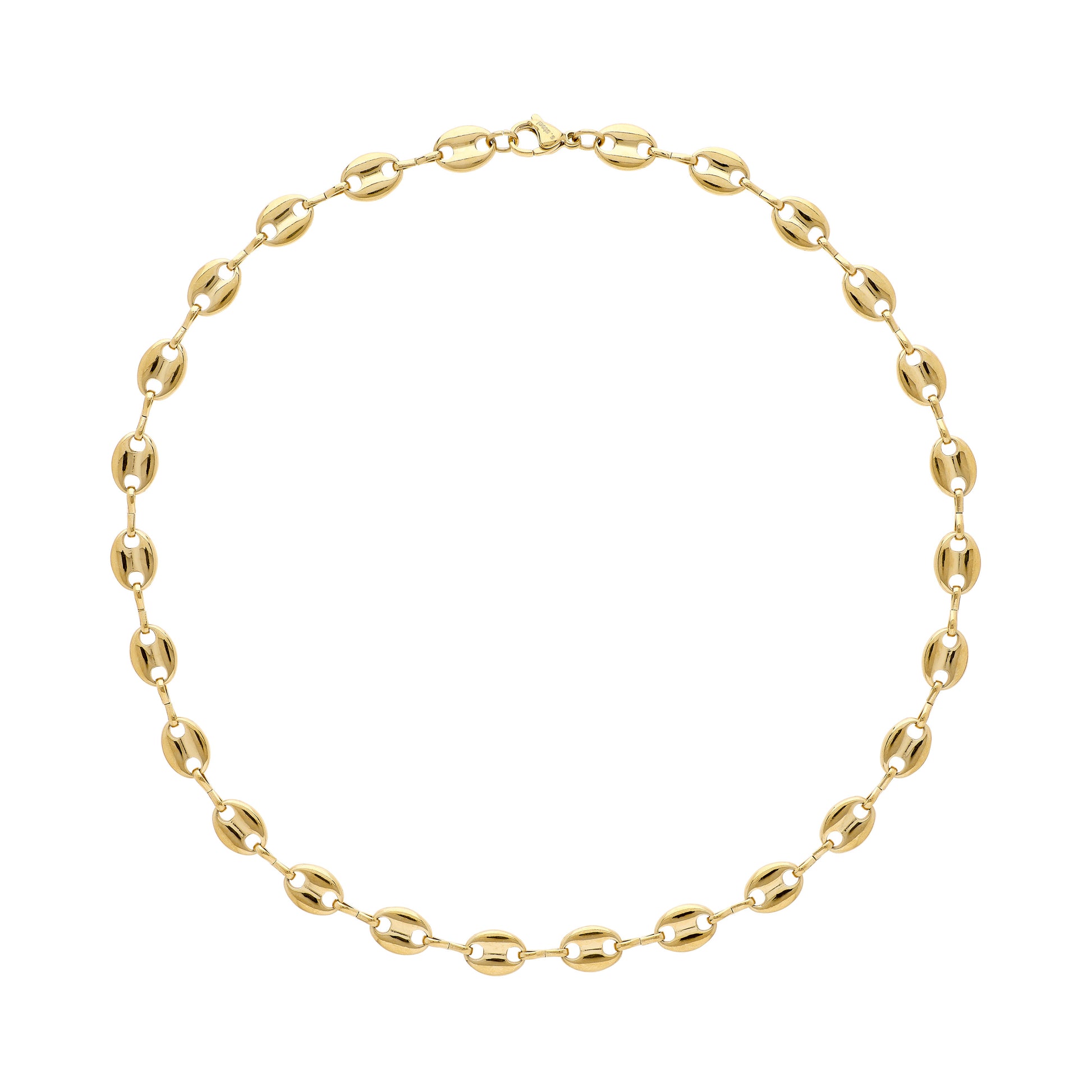 A gold-plated chain necklace with a coffee bean design, displayed against a white background.