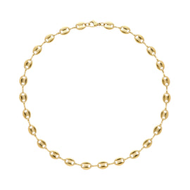 A gold-plated chain necklace with a coffee bean design, displayed against a white background.