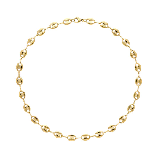 A gold-plated chain necklace with a coffee bean design, displayed against a white background.