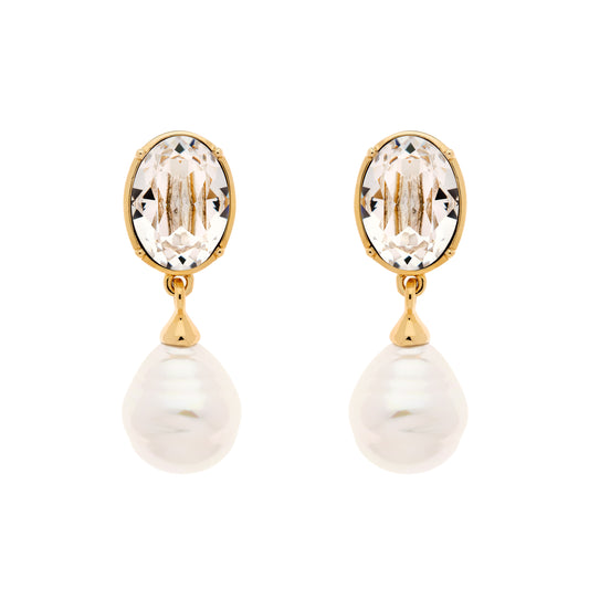 Crystal and baroque pearl clip earrings