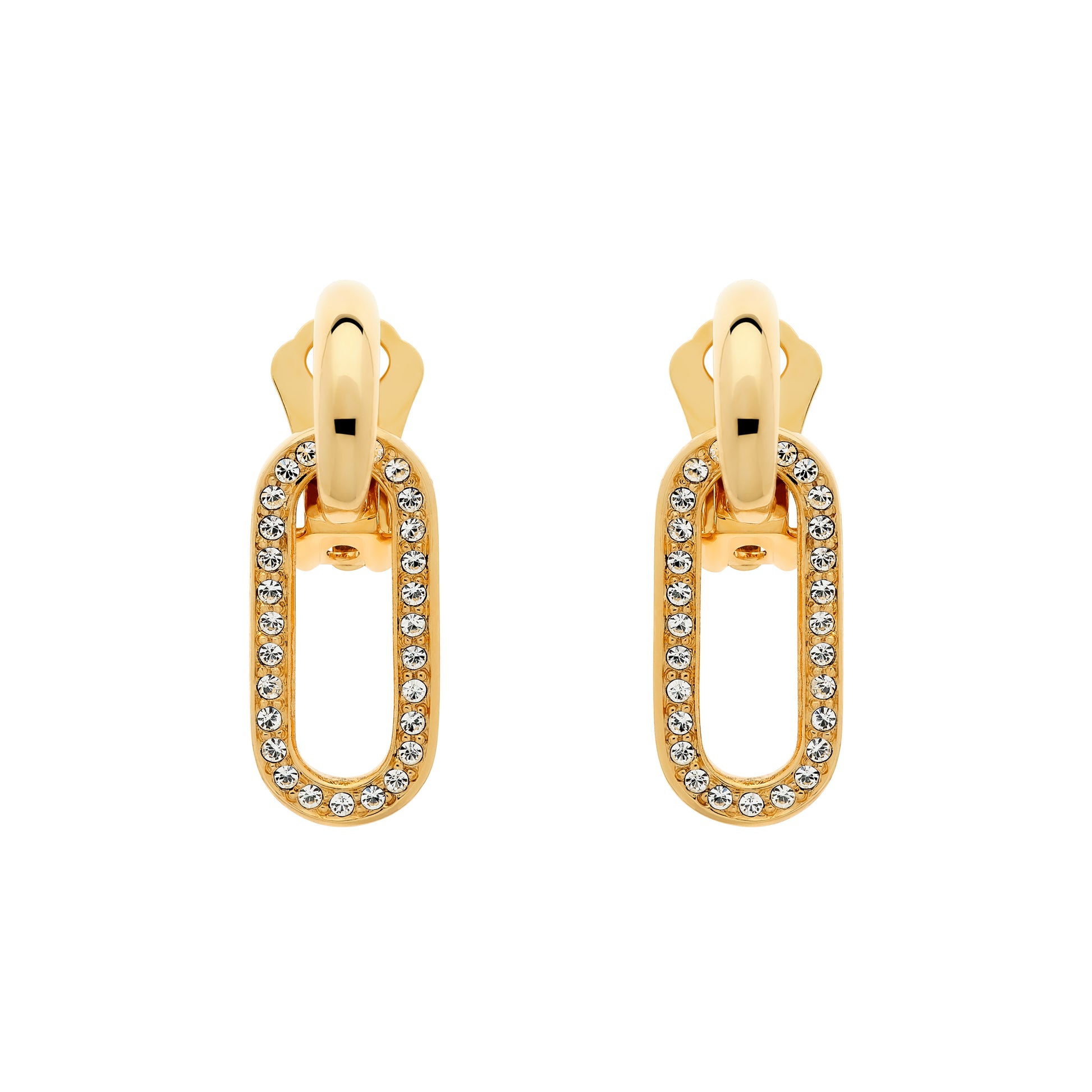 A pair of gold clip-on earrings featuring oval hoops with sparkling crystal details.