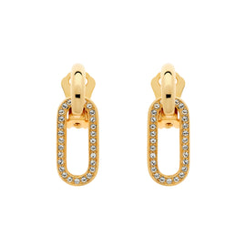 A pair of gold clip-on earrings featuring oval hoops with sparkling crystal details.