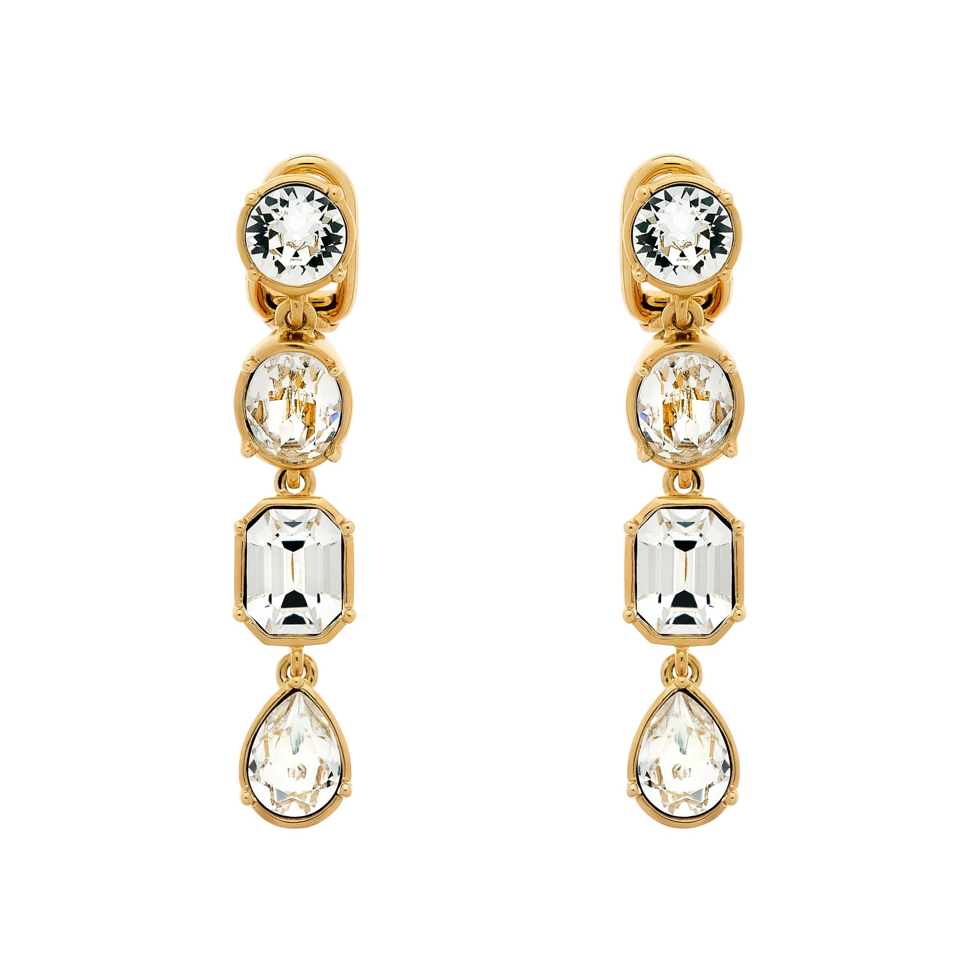 A pair of gold and crystal drop clip earrings with multiple clear crystal drops suspended from a gold-colored hoop.