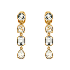 A pair of gold and crystal drop clip earrings with multiple clear crystal drops suspended from a gold-colored hoop.