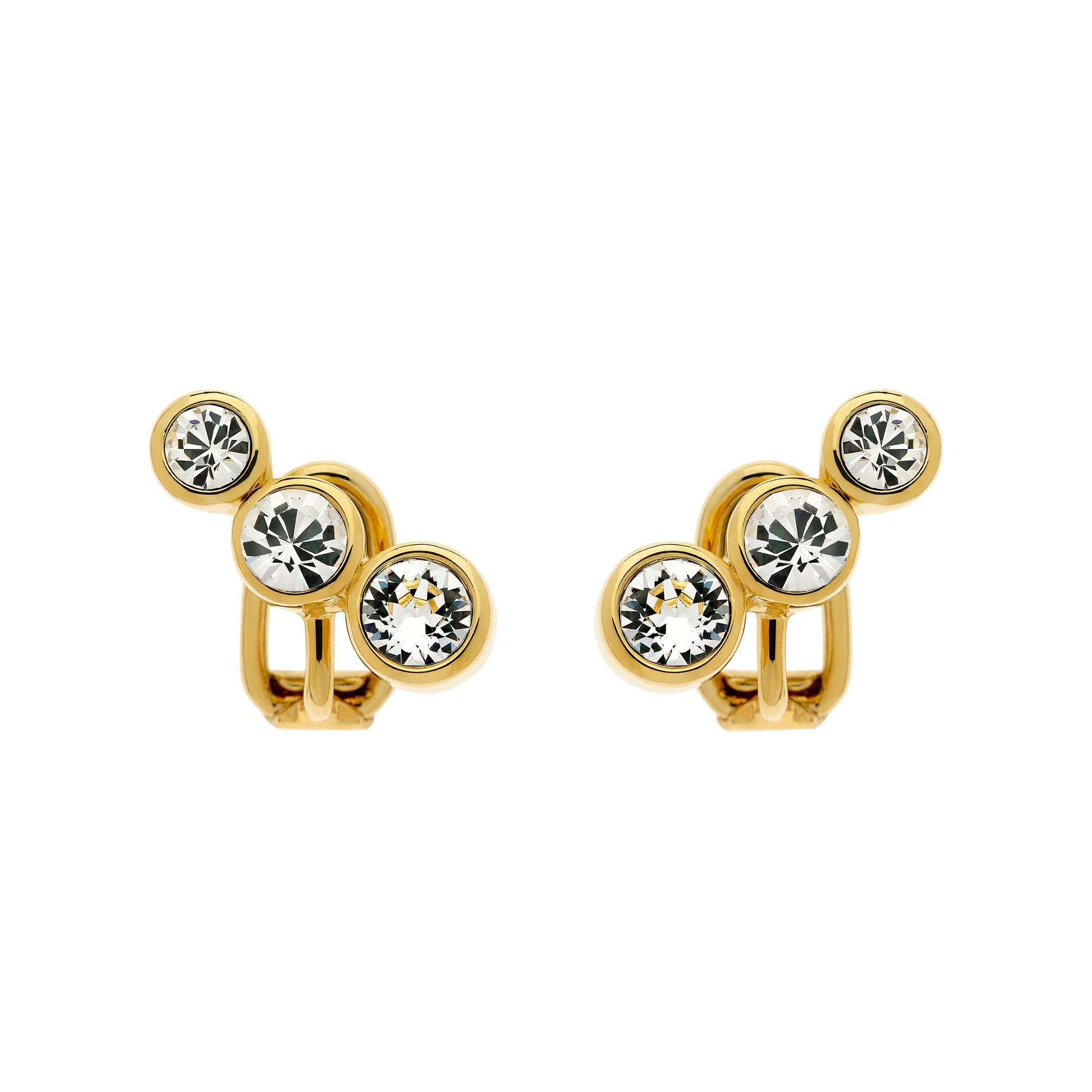 Gold earrings with circular designs and embedded crystals on a white background