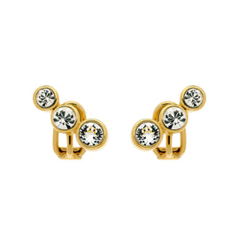 Gold earrings with circular designs and embedded crystals on a white background