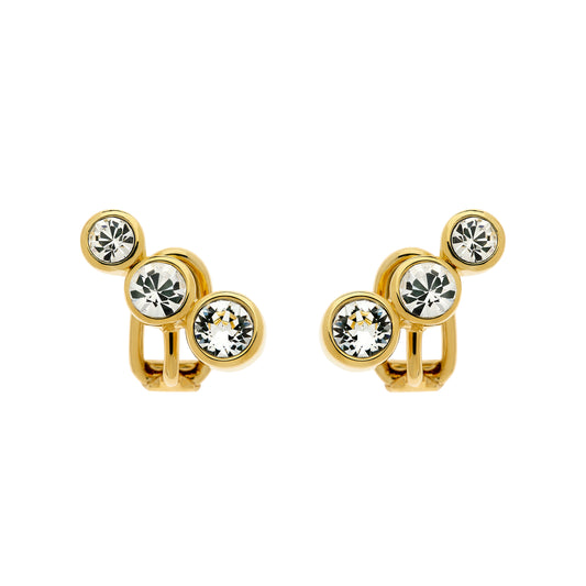 Gold earrings with circular designs and embedded crystals on a white background