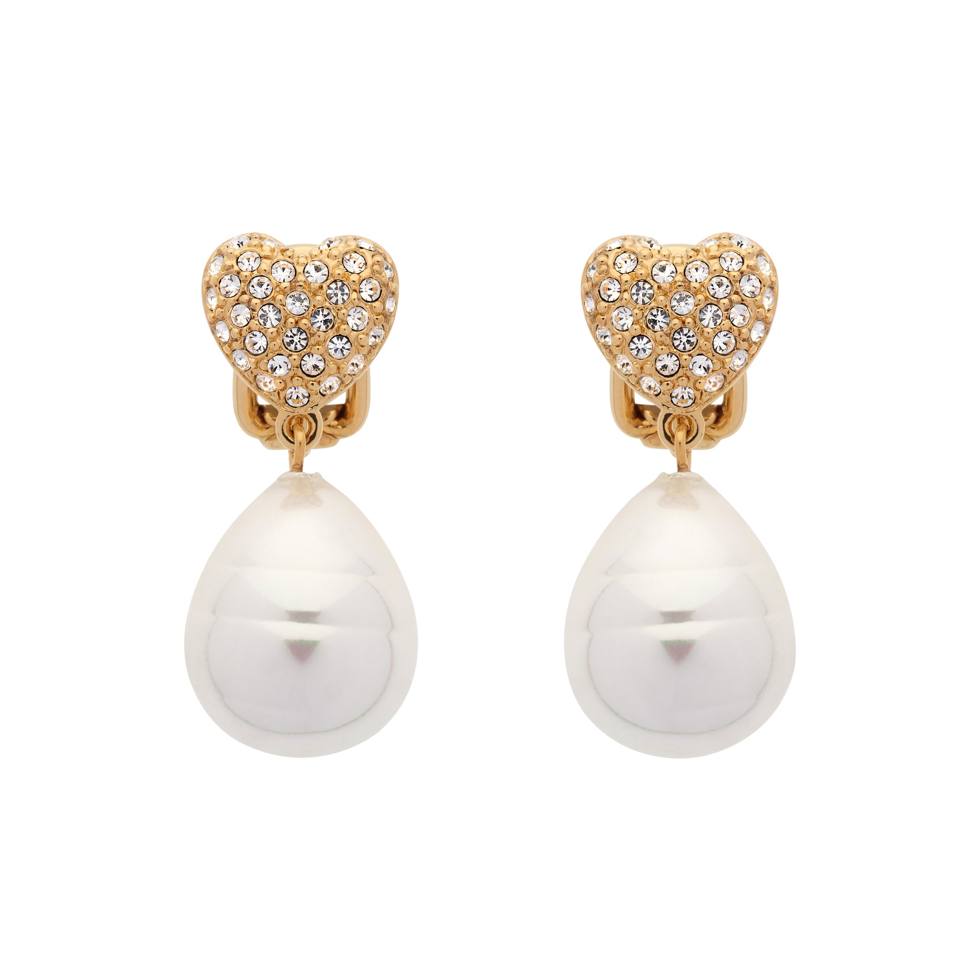 Pair of earrings with heart-shaped gold tops and pearl drops on a white background