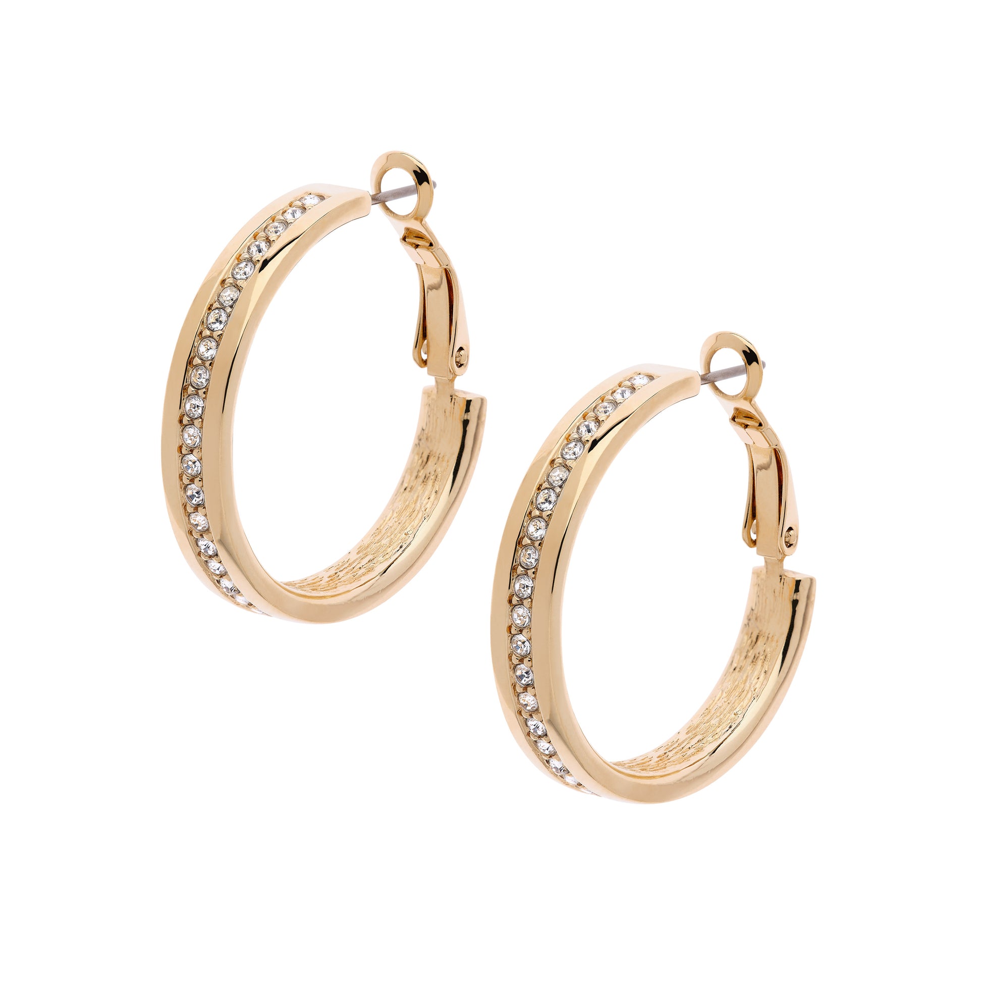 A pair of gold-plated hoop earrings adorned with a row of sparkling hand-set crystals.